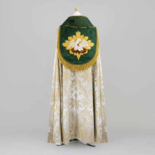 Minster Cope in Oyster 'Shrewsbury' with Green 'Bellini' Orphreys, Hood, and Morse and Pelican Embroidery - Watts & Co.