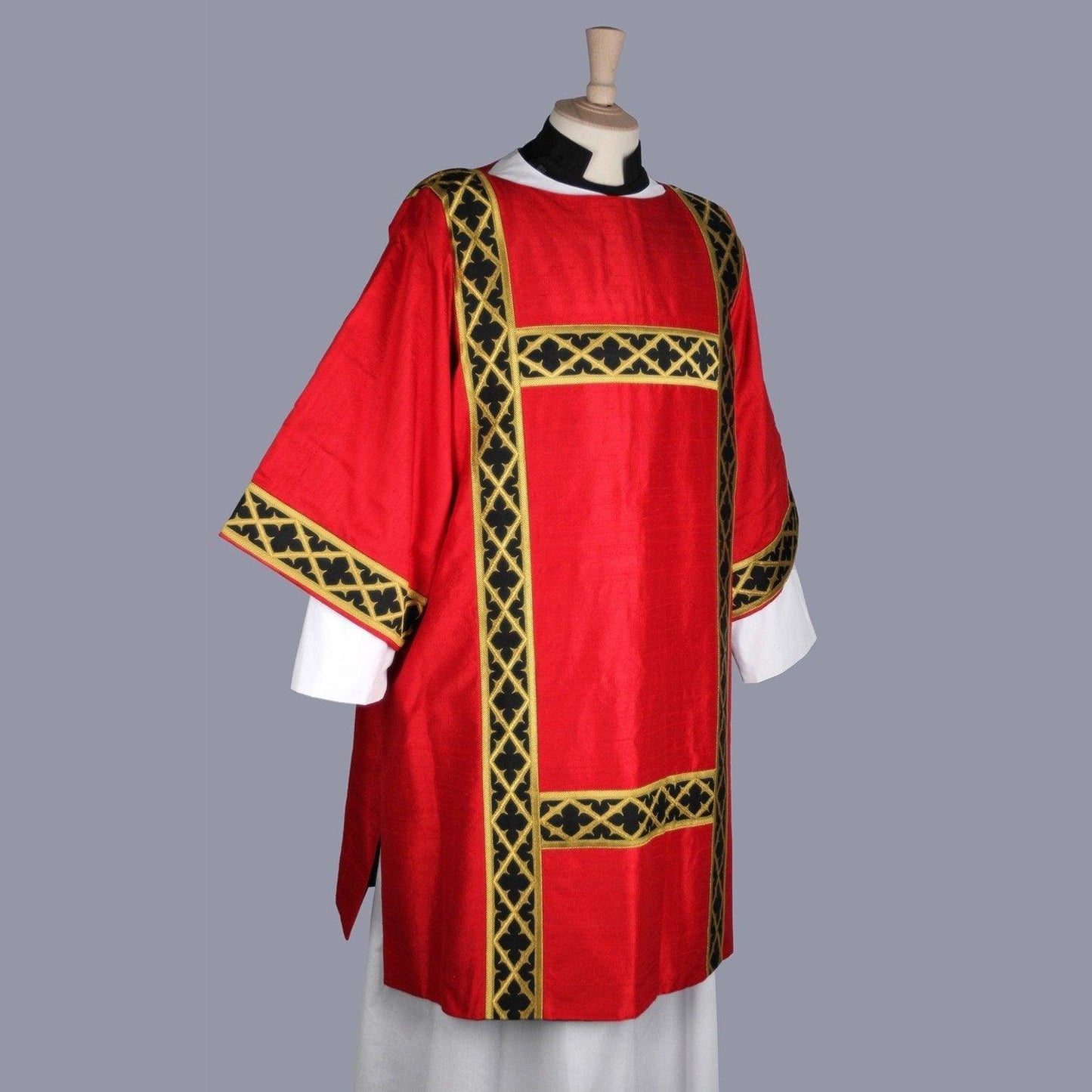 Gothic Dalmatic in Tartan Red Dupion Silk with Black/Gold Trellis Orphreys - Watts & Co. (international)