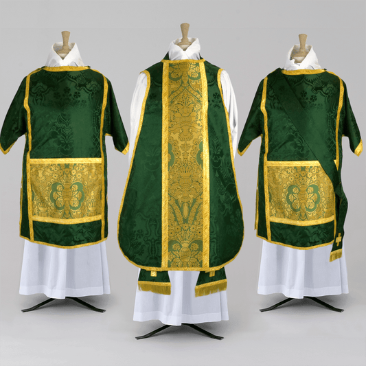 Spanish High Mass Set in Green 'Comper Cathedral' with Jasper/Old Gold 'Crevelli' Orphreys - Watts & Co.