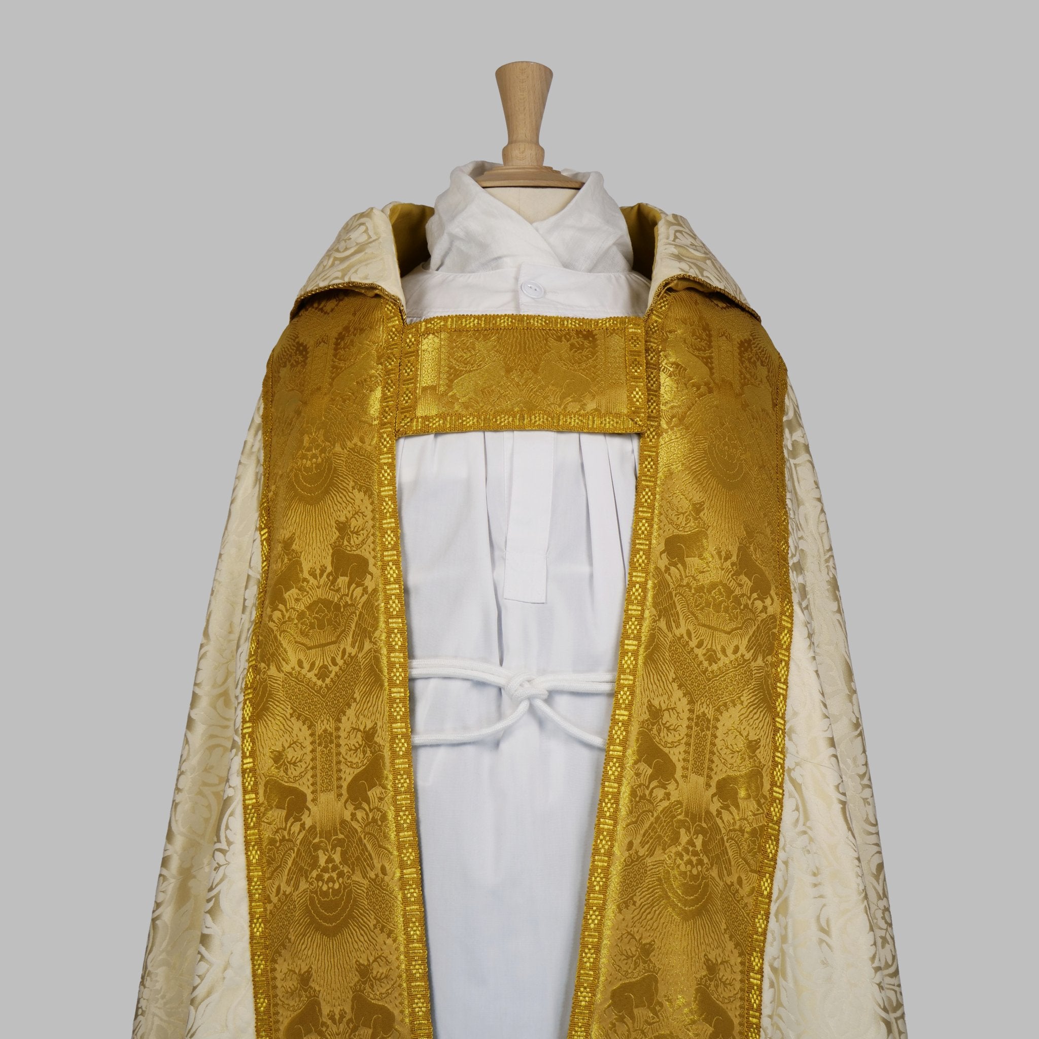 Abbey Cope in White 'Chelmsford' with 'Stag' Cloth of Gold Orphreys - Watts & Co.