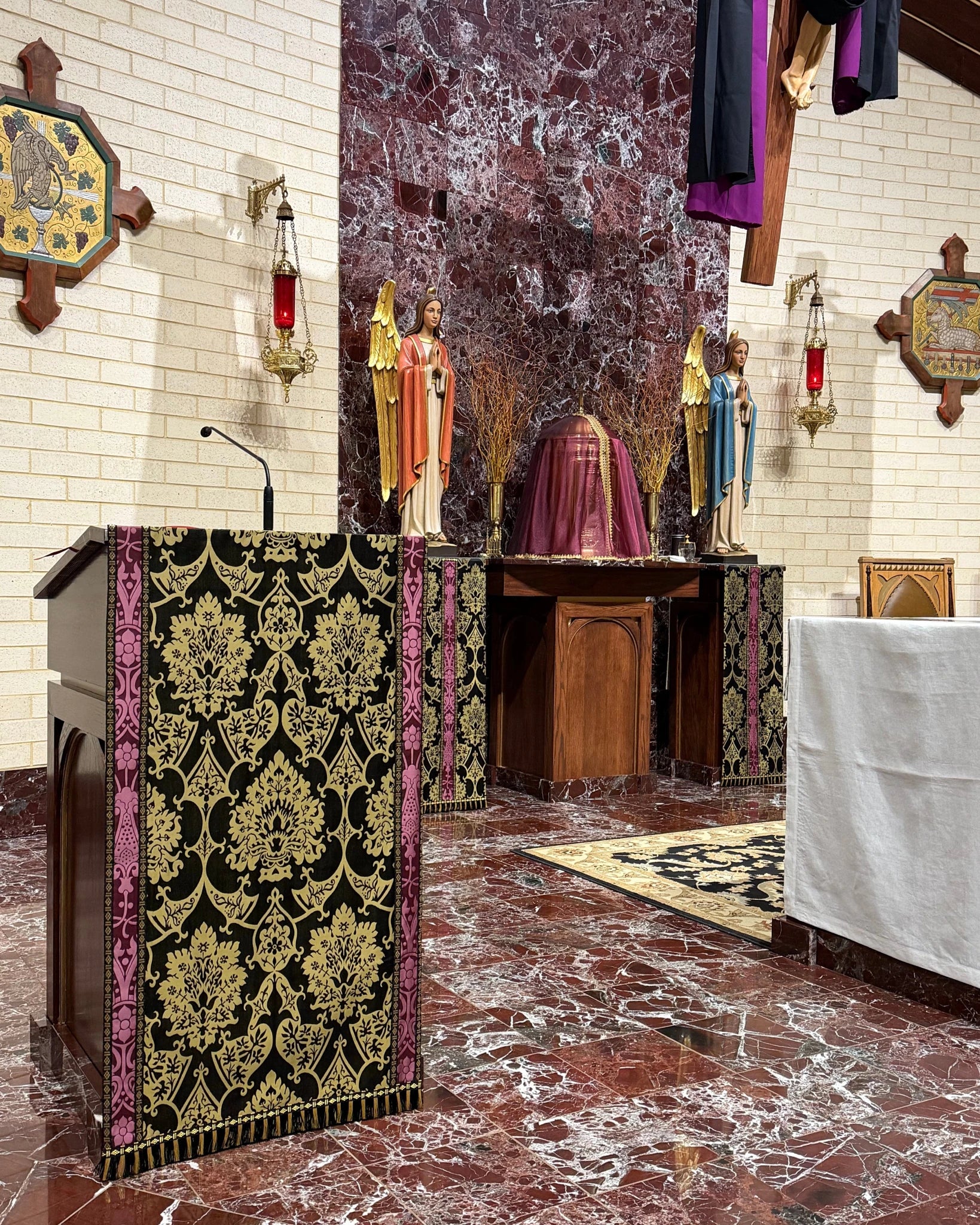 Altar Frontal in Black/Gold 'Gothic' with Comper Purple ‘Shrewsbury’ Orphreys - Watts & Co.