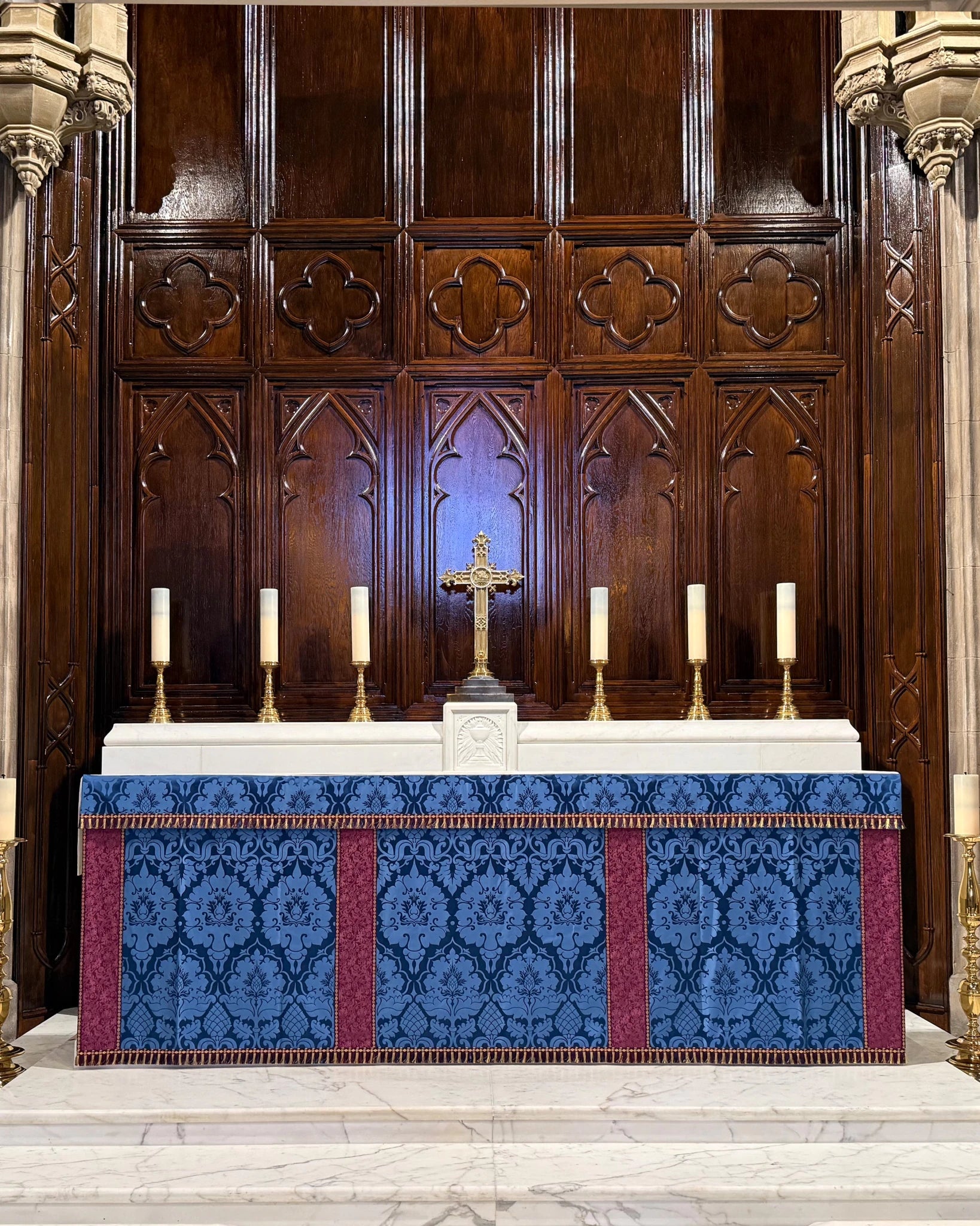 Altar Frontal in Blue 'Bellini' with Comper Purple 'Hilliard' Orphreys - Watts & Co.