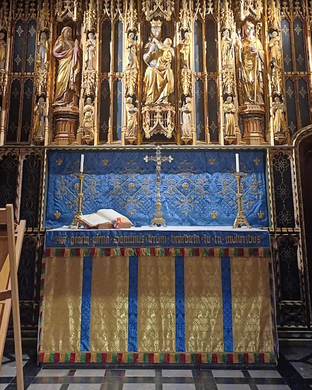 Altar Frontal in Gold 'Stag' with Embroidered Blue 'Comper Cathedral' Superfrontal and Orphreys - Watts & Co.