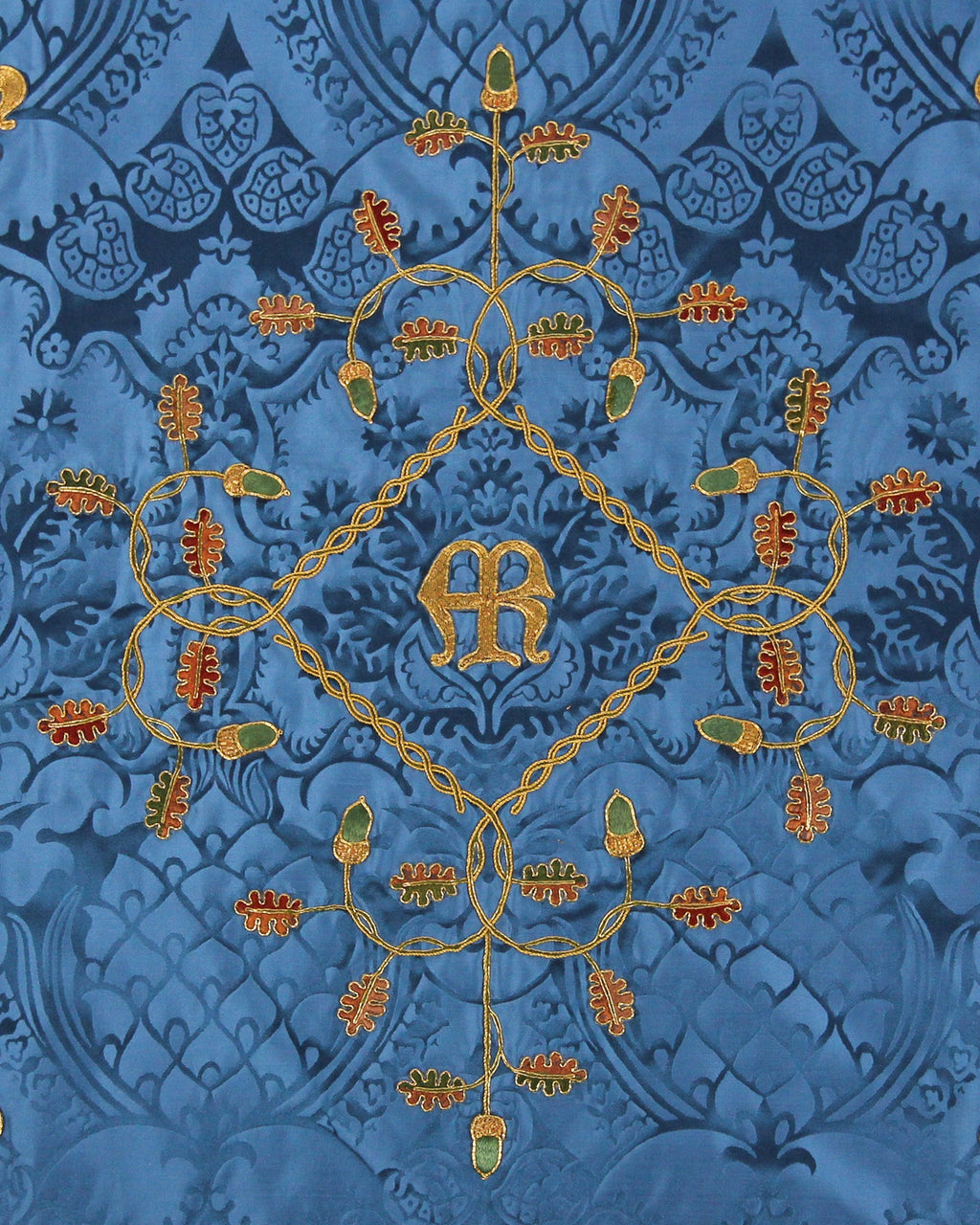 Altar Frontal in Gold 'Stag' with Embroidered Blue 'Comper Cathedral' Superfrontal and Orphreys - Watts & Co.