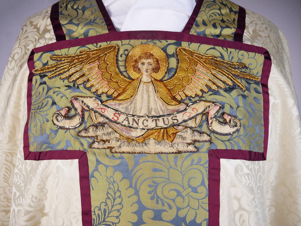 Borromean Chasuble in Cream 'Holbein' with Canterbury Blue/Gold 'Holbein' Orphreys - Watts & Co.