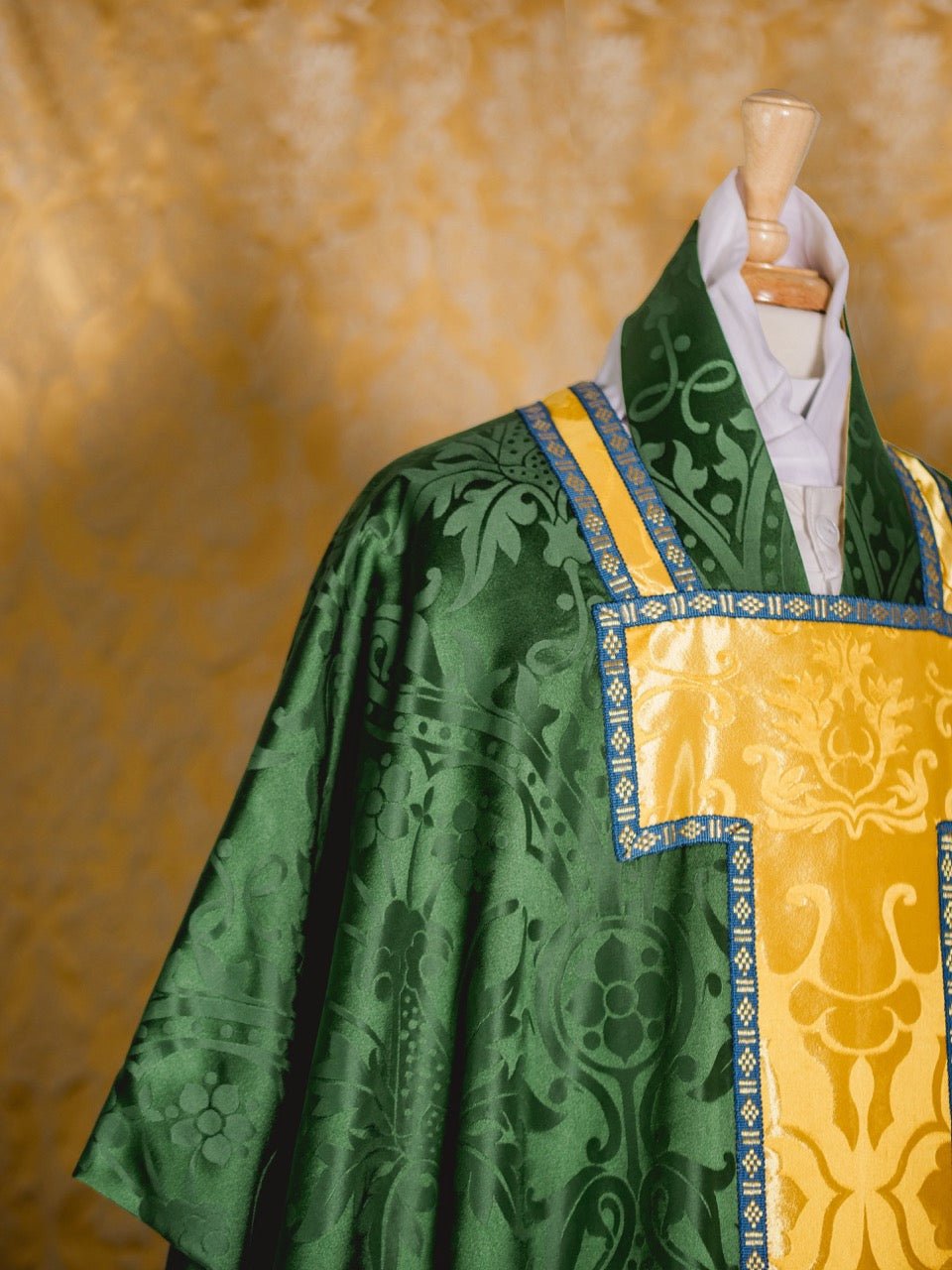 Borromean Chasuble in Green 'Shrewsbury' with Imperial Yellow/Gilt 'Bellini' Orphreys - Watts & Co.