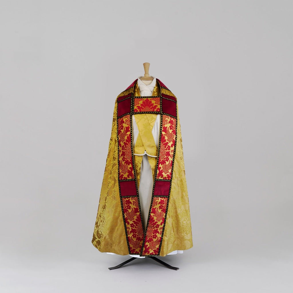 Cathedral Cope in Gold 'Gothic' with Red Velvet and Red/Gold 'Ludlow' Orphreys - Watts & Co.