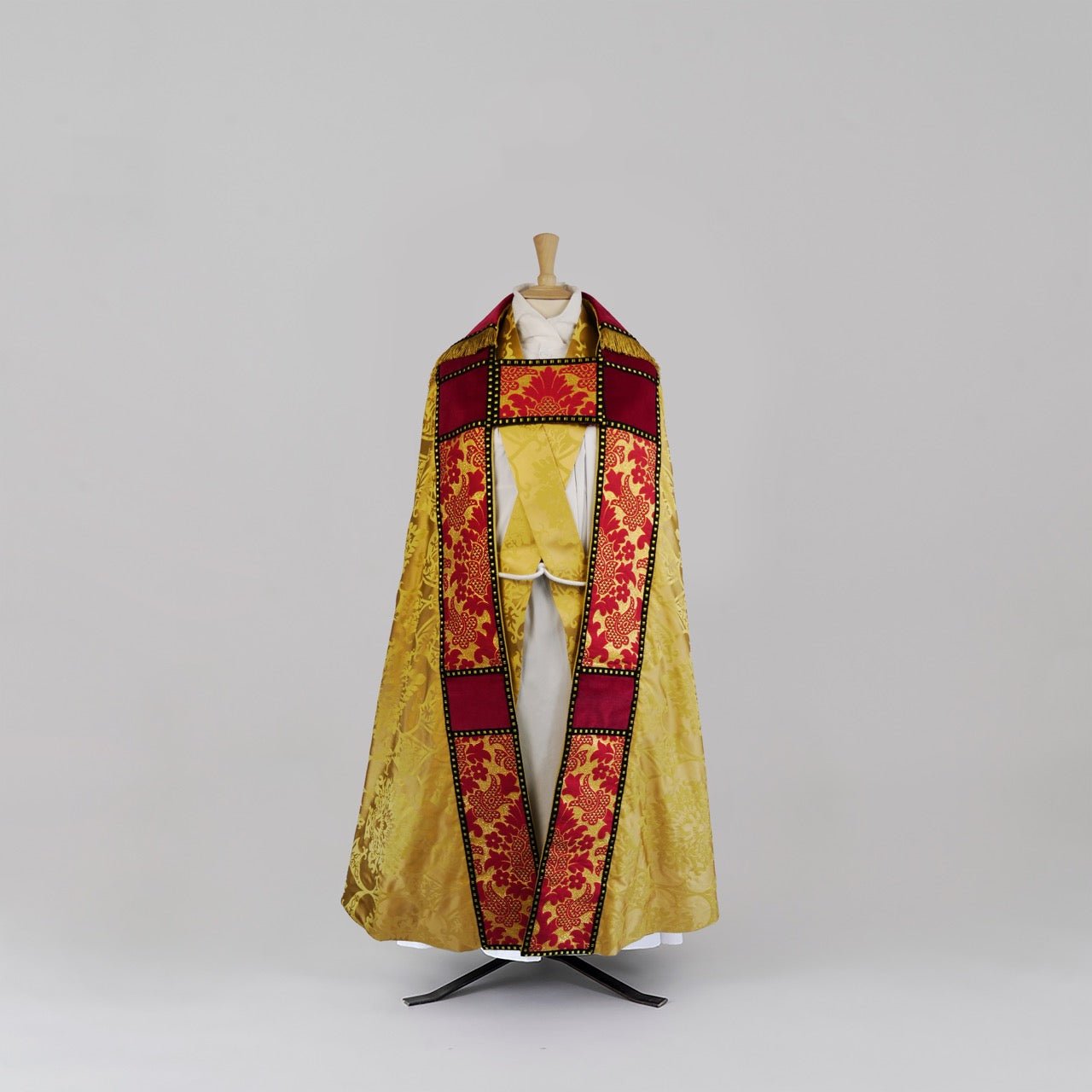 Cathedral Cope in Gold 'Gothic' with Red Velvet and Red/Gold 'Ludlow' Orphreys - Watts & Co.
