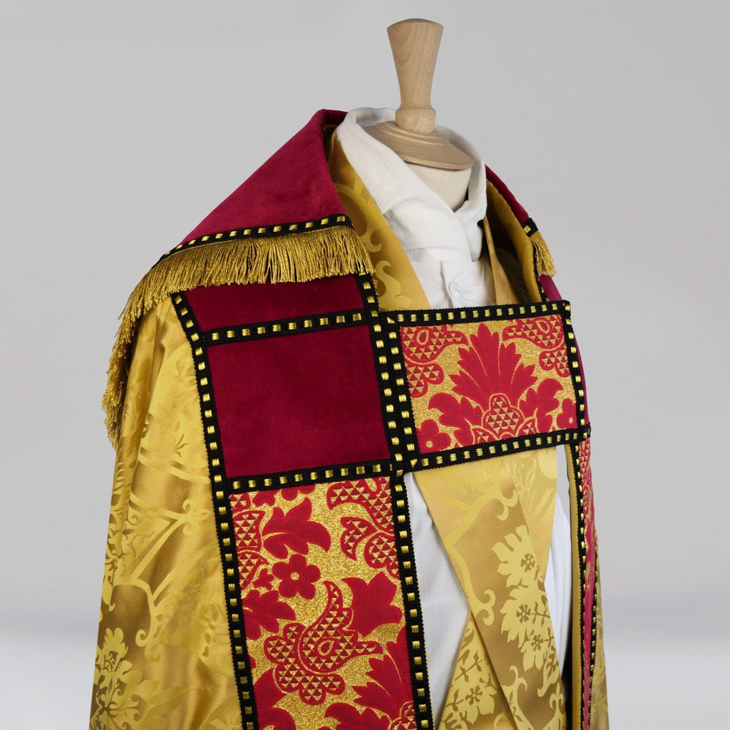 Cathedral Cope in Gold 'Gothic' with Red Velvet and Red/Gold 'Ludlow' Orphreys - Watts & Co.