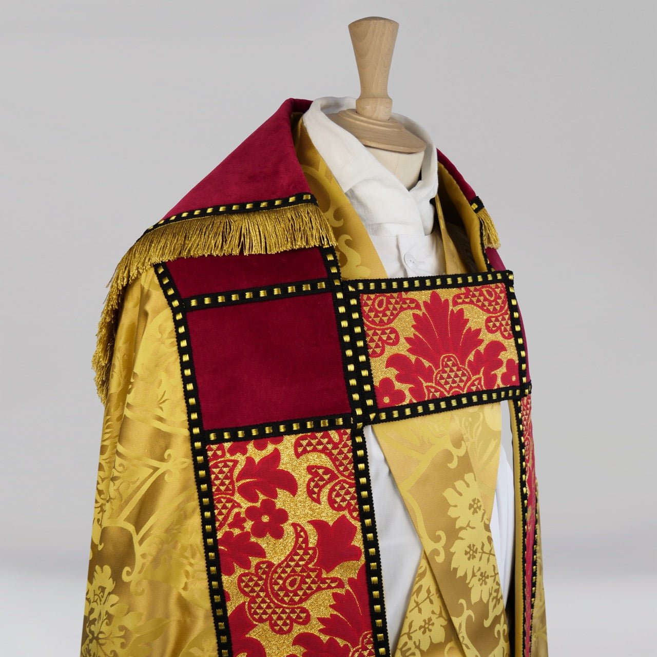 Cathedral Cope in Gold 'Gothic' with Red Velvet and Red/Gold 'Ludlow' Orphreys - Watts & Co.