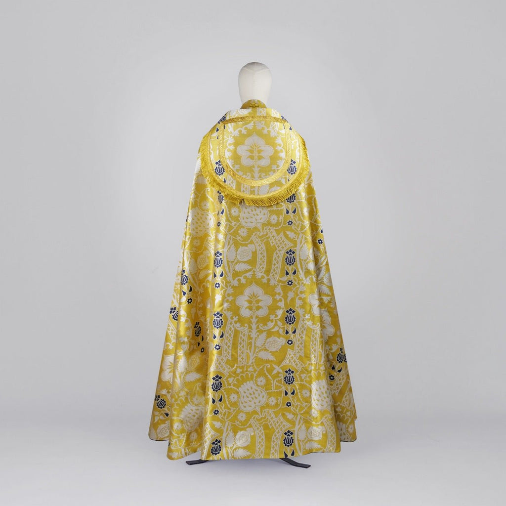 Cathedral Cope in Gold, White, & Blue 'Comper Strawberry' with Outline Orphreys - Watts & Co.