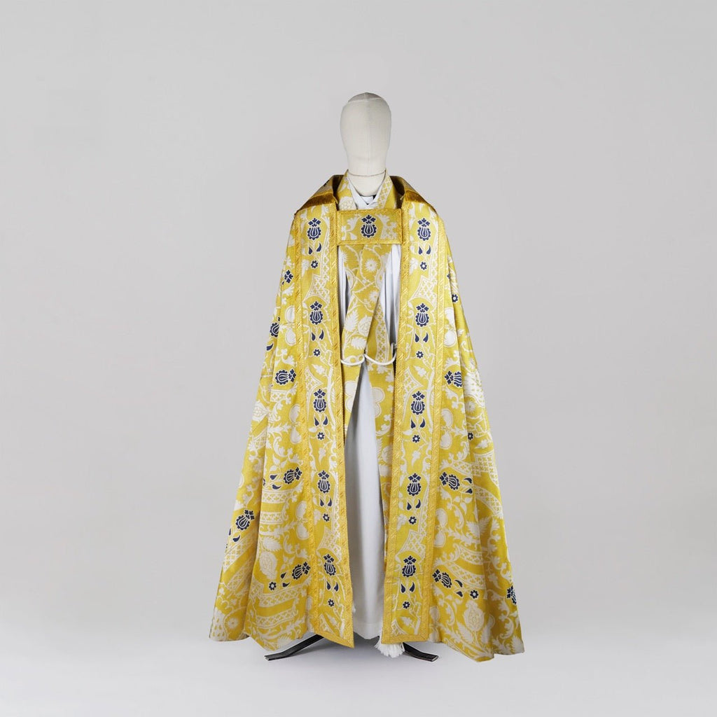 Cathedral Cope in Gold, White, & Blue 'Comper Strawberry' with Outline Orphreys - Watts & Co.