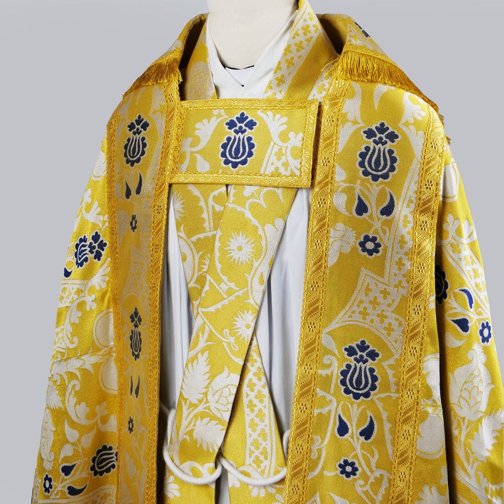 Cathedral Cope in Gold, White, & Blue 'Comper Strawberry' with Outline Orphreys - Watts & Co.