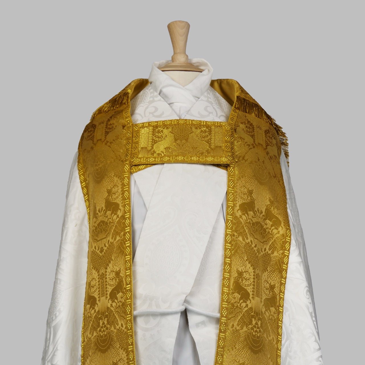 Cathedral Cope in White 'Alton' with 'Stag' Cloth of Gold Orphreys - Watts & Co.