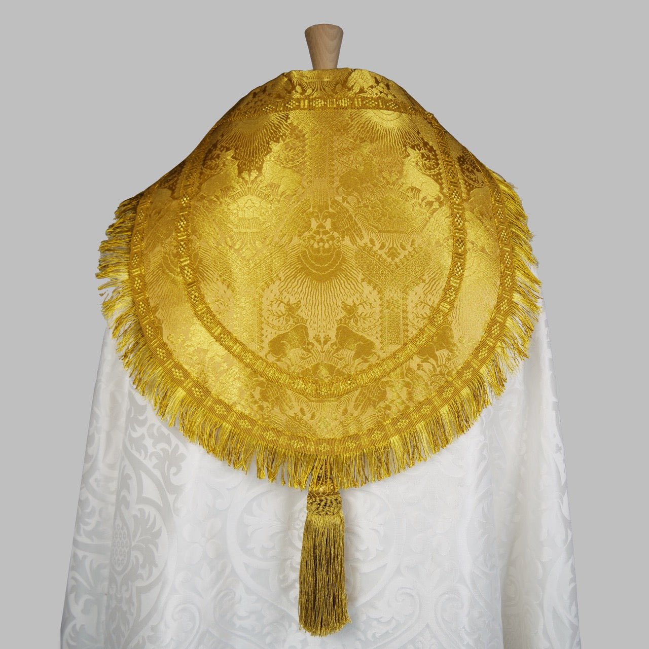 Cathedral Cope in White 'Alton' with 'Stag' Cloth of Gold Orphreys - Watts & Co.