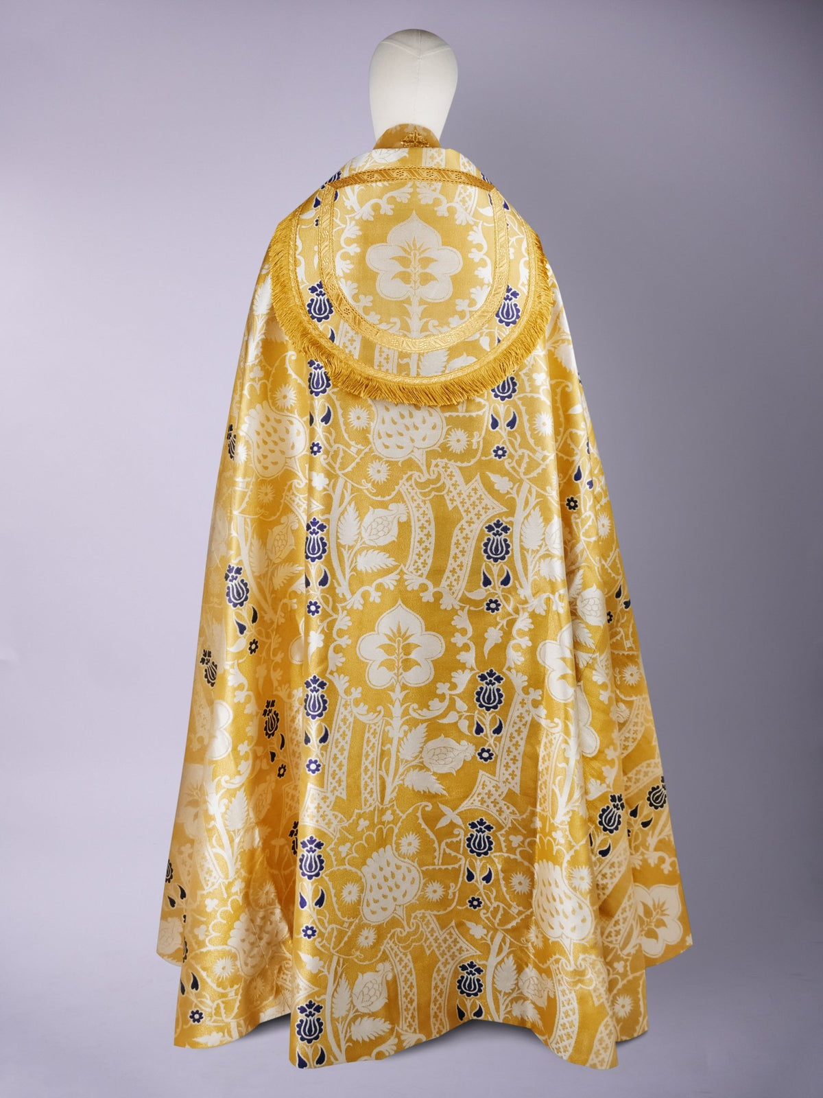 Cathedral Cope in White/Gold/Blue 'Comper Strawberry' with Outline Orphreys - Watts & Co.