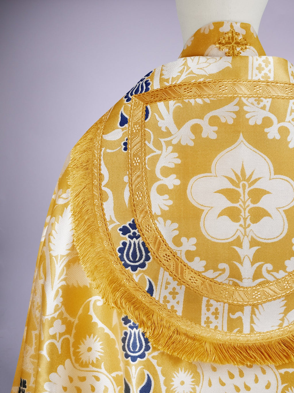 Cathedral Cope in White/Gold/Blue 'Comper Strawberry' with Outline Orphreys - Watts & Co.