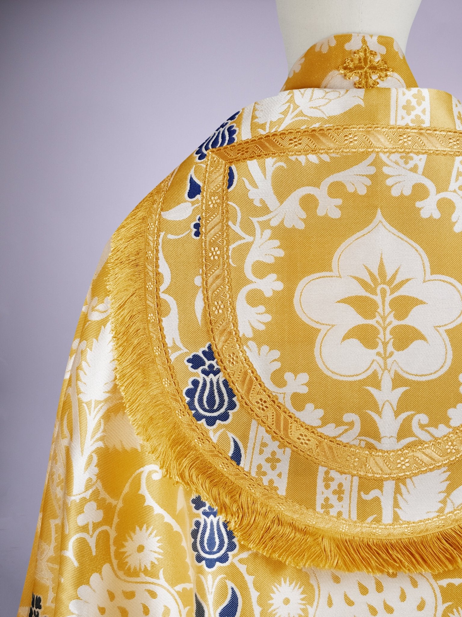 Cathedral Cope in White/Gold/Blue 'Comper Strawberry' with Outline Orphreys - Watts & Co.