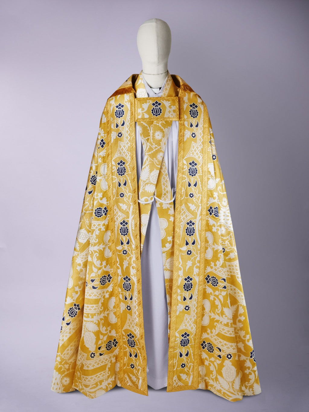 Cathedral Cope in White/Gold/Blue 'Comper Strawberry' with Outline Orphreys - Watts & Co.