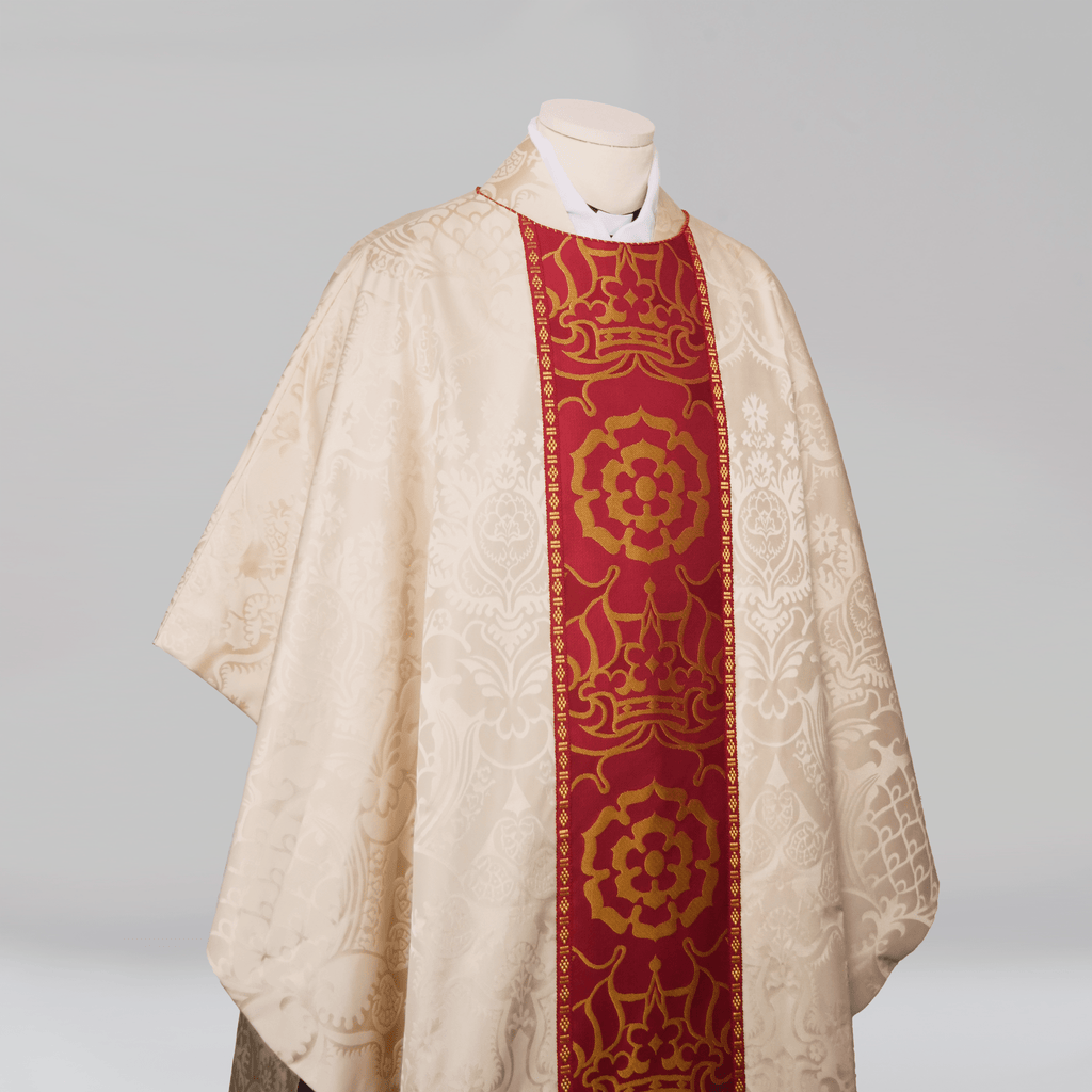 Classic Chasuble in Cream 'Comper Cathedral' with Red 'Coronation' Orphreys - Watts & Co.