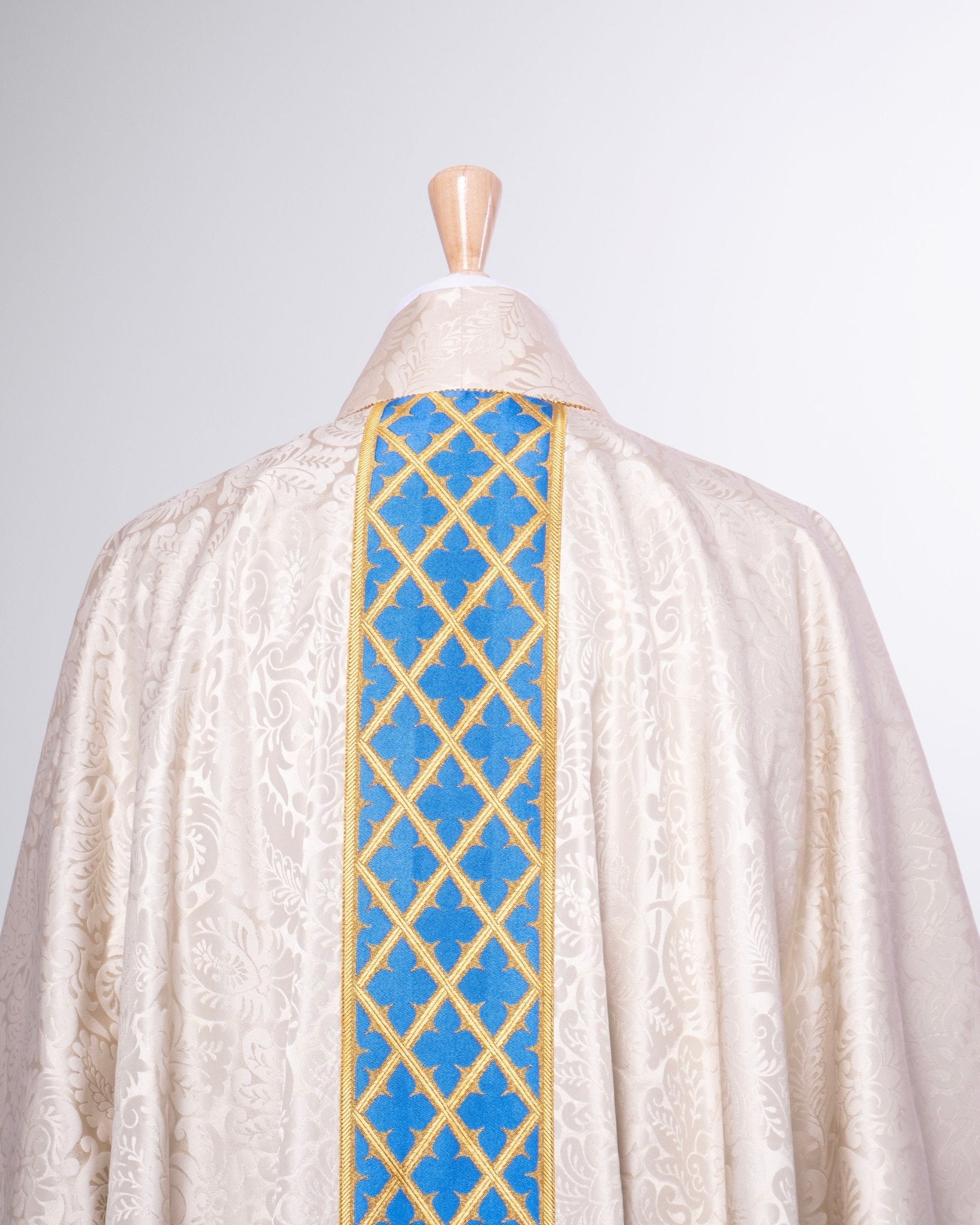 Classic Chasuble in Cream 'Holbein' with Blue Gothic Trellis Orphreys - Watts & Co.