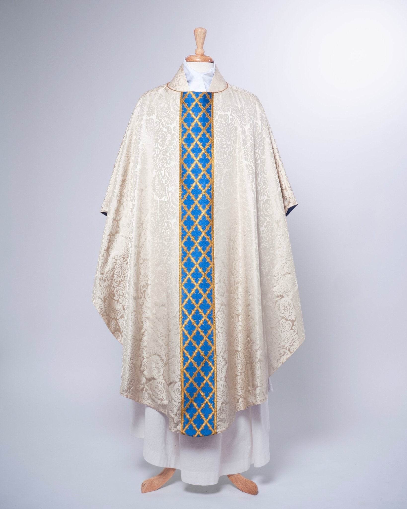 Classic Chasuble in Cream 'Holbein' with Blue Gothic Trellis Orphreys - Watts & Co.
