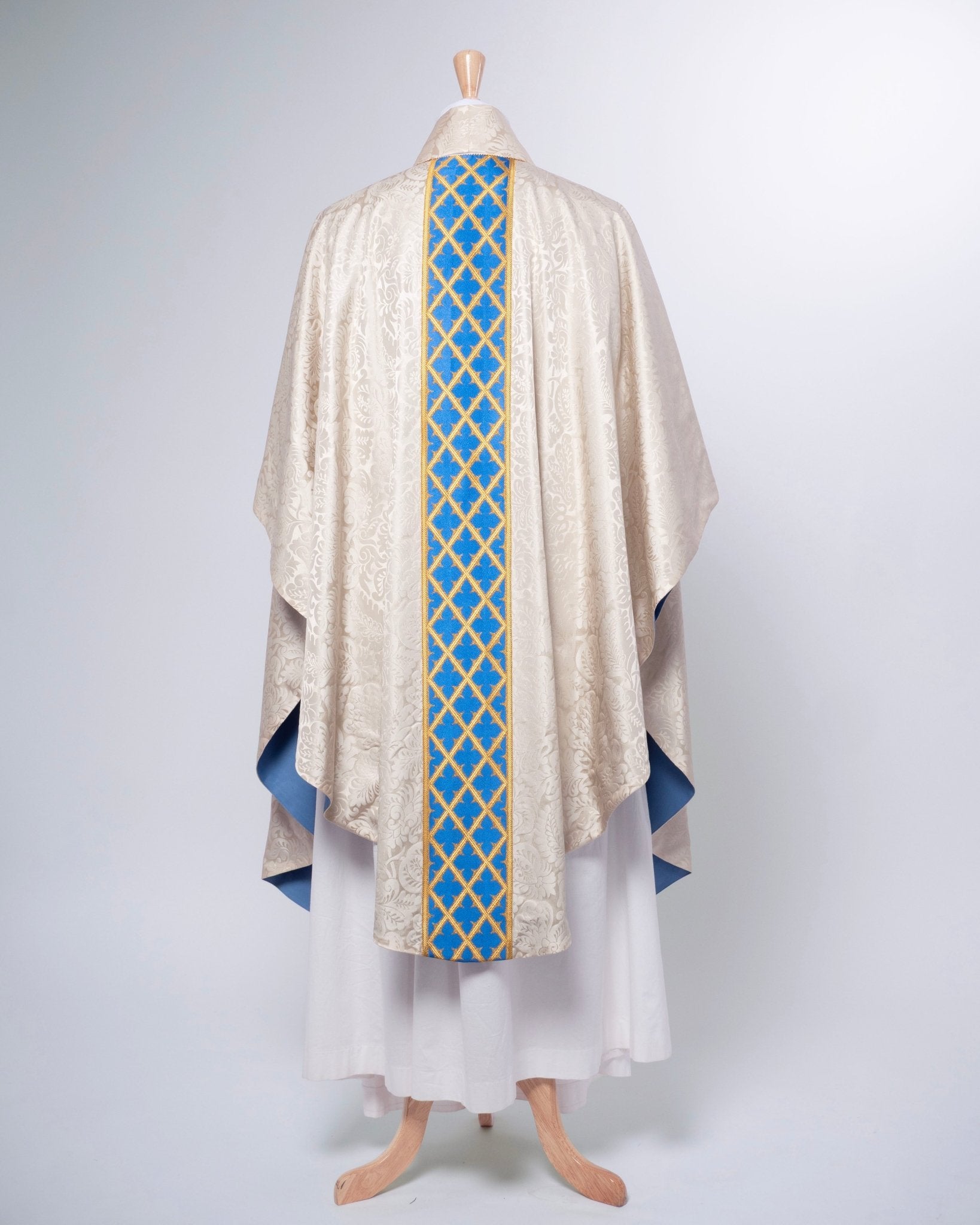 Classic Chasuble in Cream 'Holbein' with Blue Gothic Trellis Orphreys - Watts & Co.