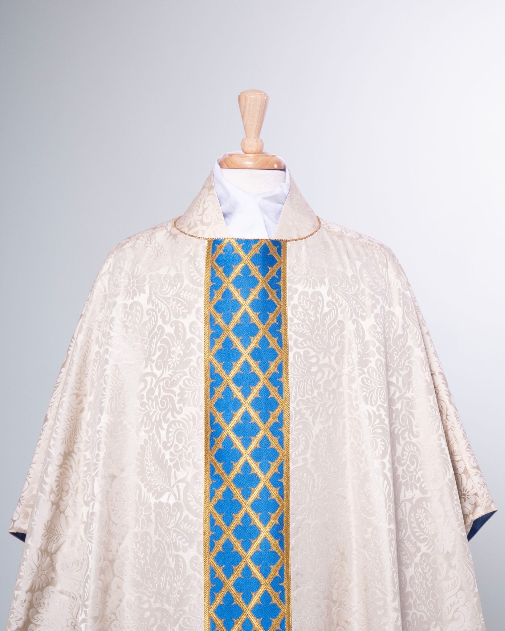 Classic Chasuble in Cream 'Holbein' with Blue Gothic Trellis Orphreys - Watts & Co.