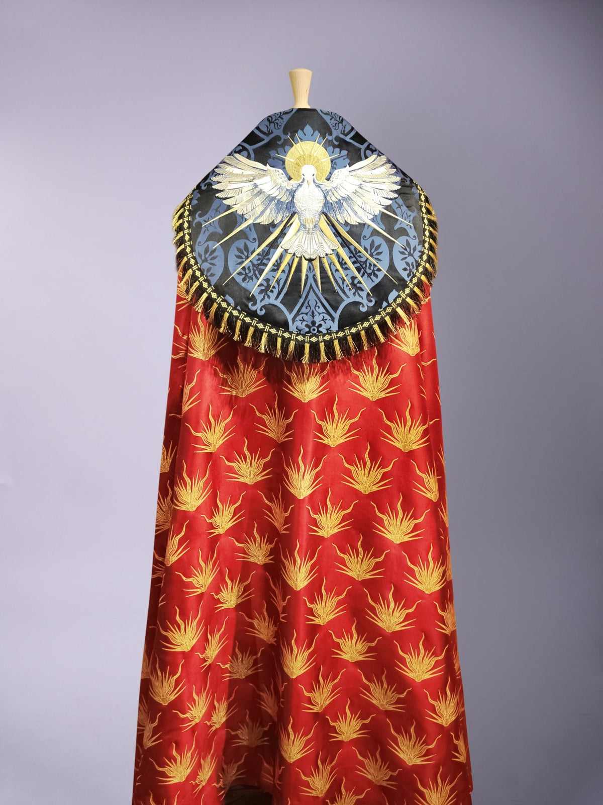 Dove Cope in Red 'Pentecost' Brocade with Bellini Blue/Black 'Gothic' Hood and Embroidery - Watts & Co.