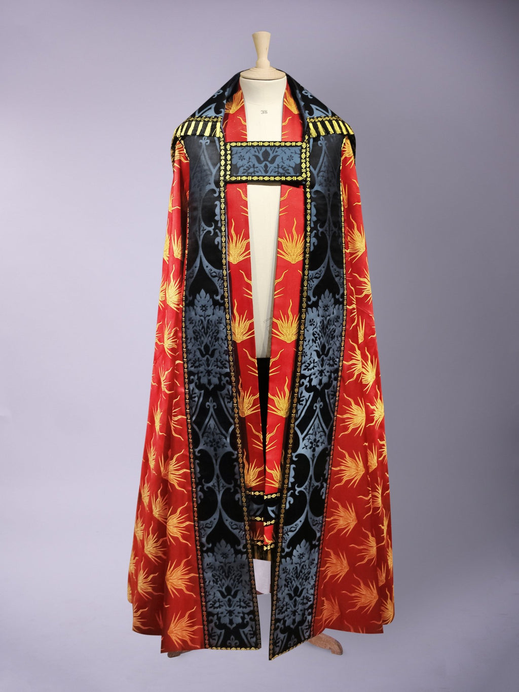 Dove Cope in Red 'Pentecost' Brocade with Bellini Blue/Black 'Gothic' Hood and Embroidery - Watts & Co.