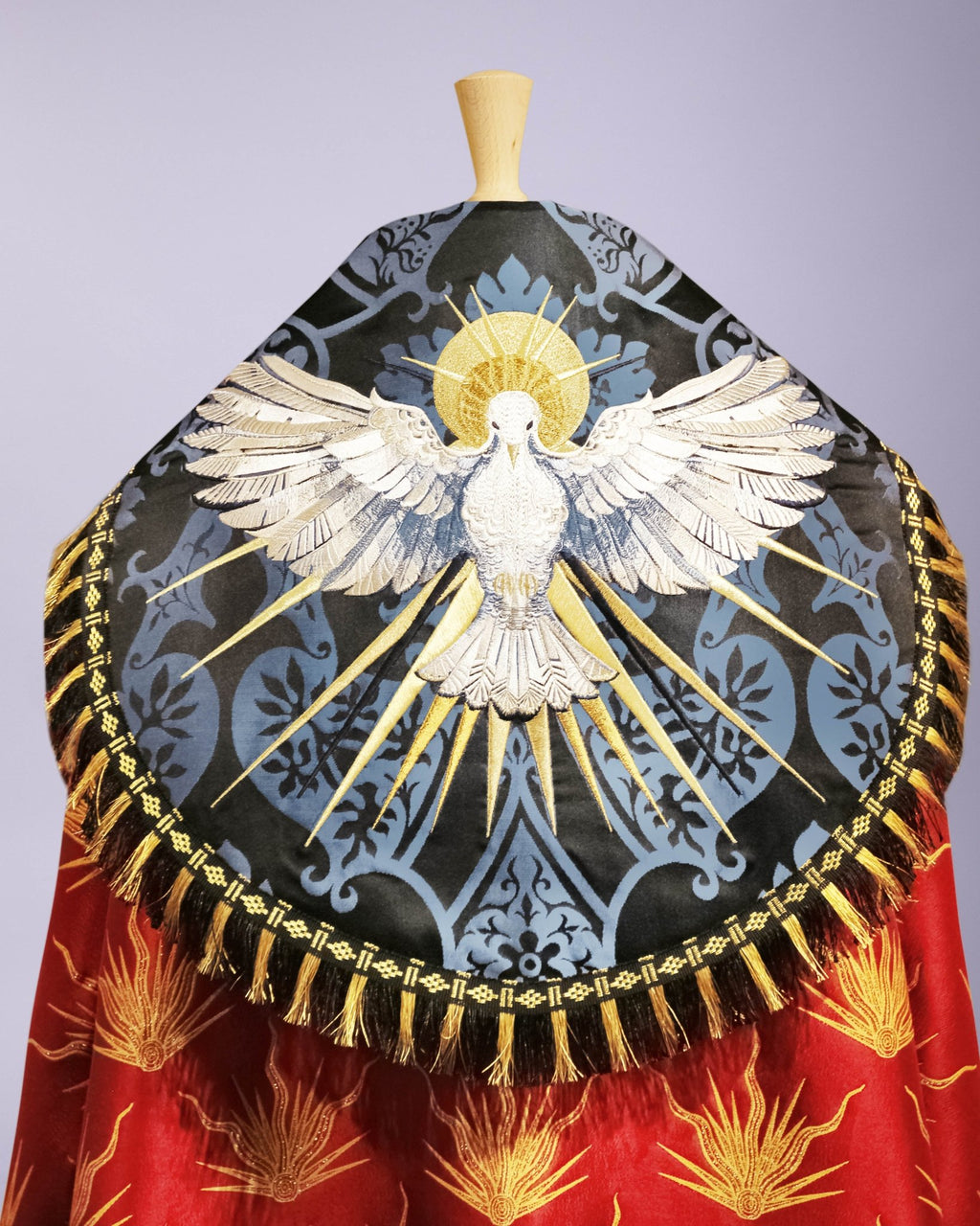 Dove Cope in Red 'Pentecost' Brocade with Bellini Blue/Black 'Gothic' Hood and Embroidery - Watts & Co.