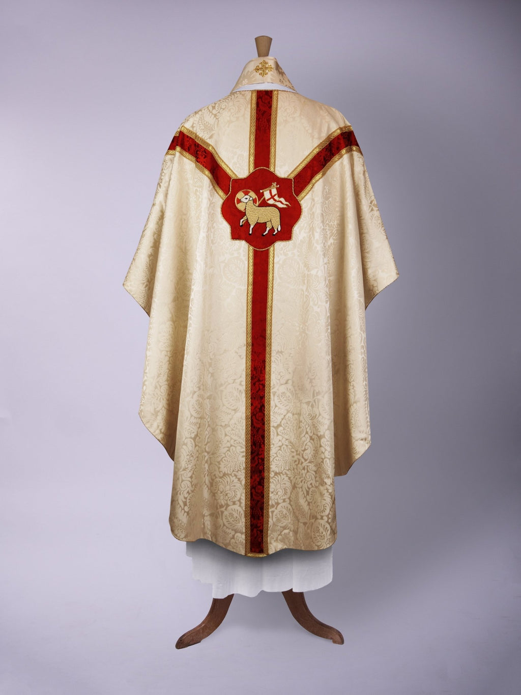 Embroidered Full Gothic Sarum Style Chasuble in Cream 'Holbein' with Sarum Red 'Hilliard' Orphreys - Watts & Co.
