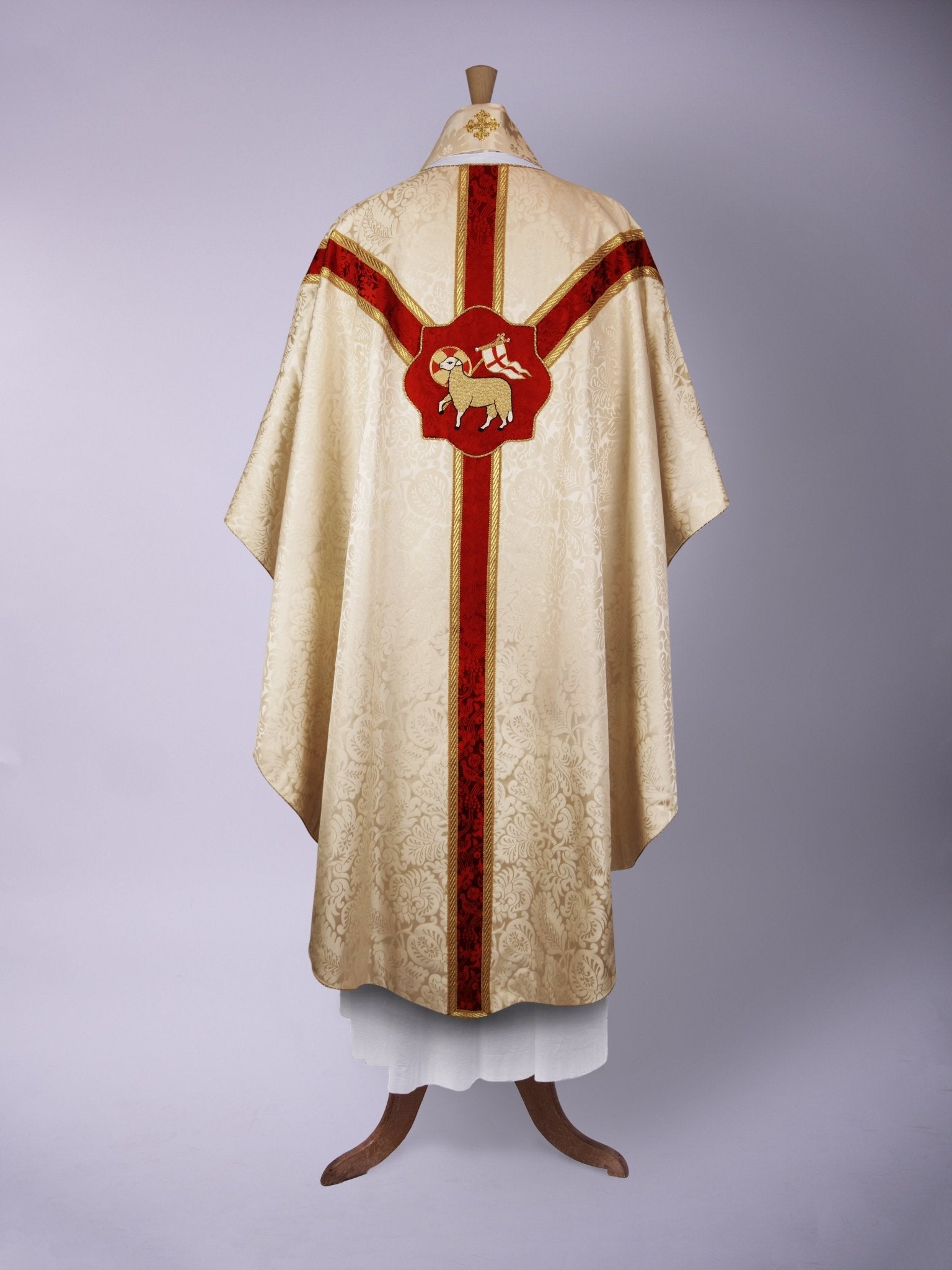 Embroidered Full Gothic Sarum Style Chasuble in Cream 'Holbein' with Sarum Red 'Hilliard' Orphreys - Watts & Co.