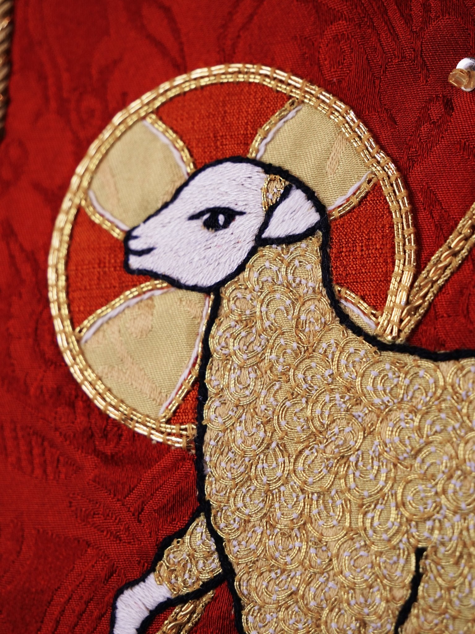 Embroidered Full Gothic Sarum Style Chasuble in Cream 'Holbein' with Sarum Red 'Hilliard' Orphreys - Watts & Co.