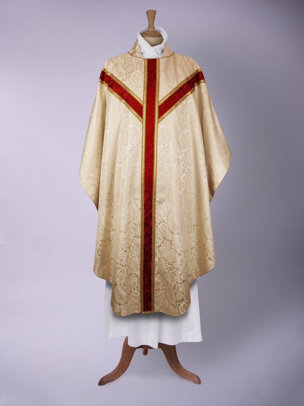 Embroidered Full Gothic Sarum Style Chasuble in Cream 'Holbein' with Sarum Red 'Hilliard' Orphreys - Watts & Co.