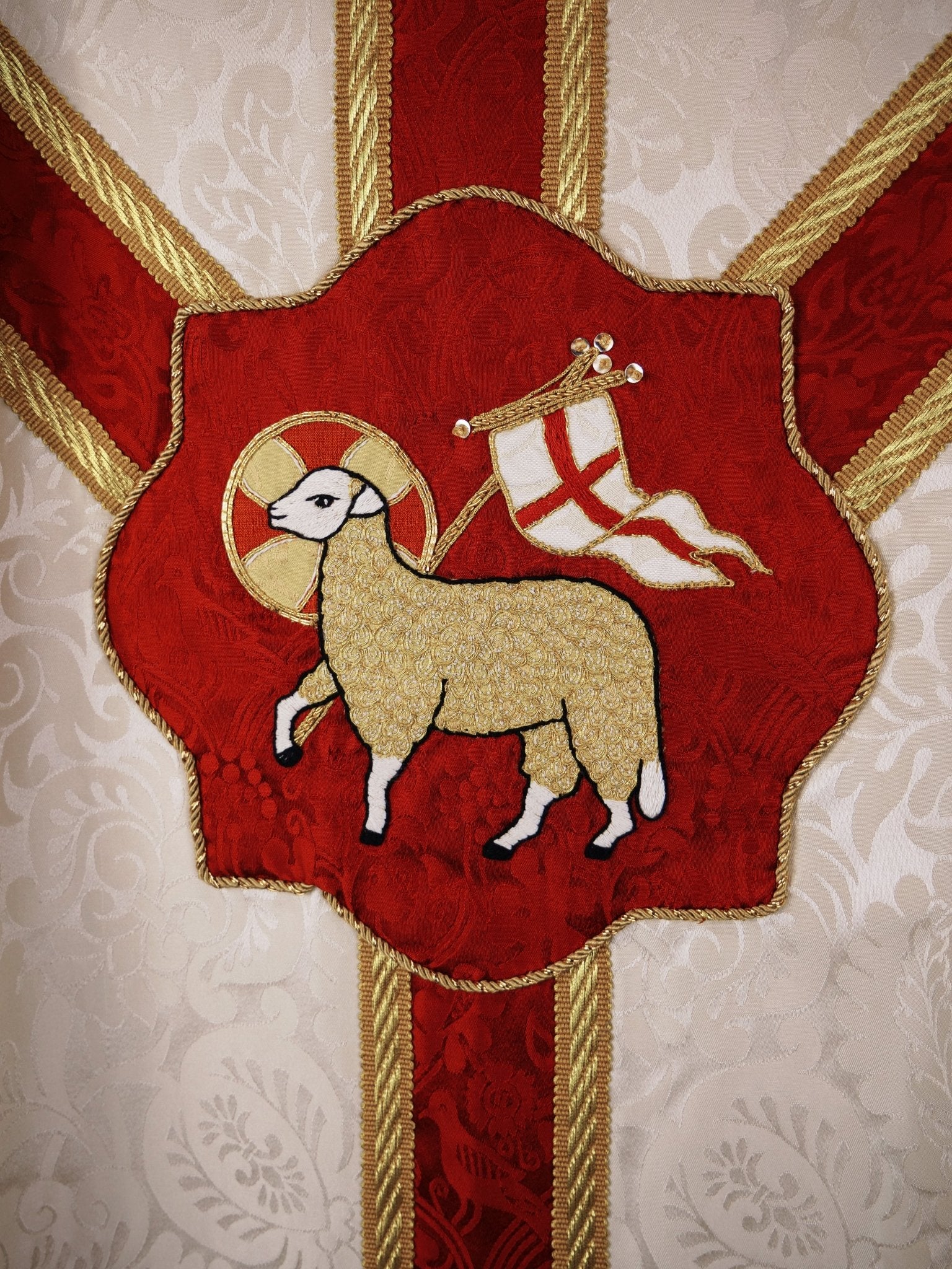 Embroidered Full Gothic Sarum Style Chasuble in Cream 'Holbein' with Sarum Red 'Hilliard' Orphreys - Watts & Co.