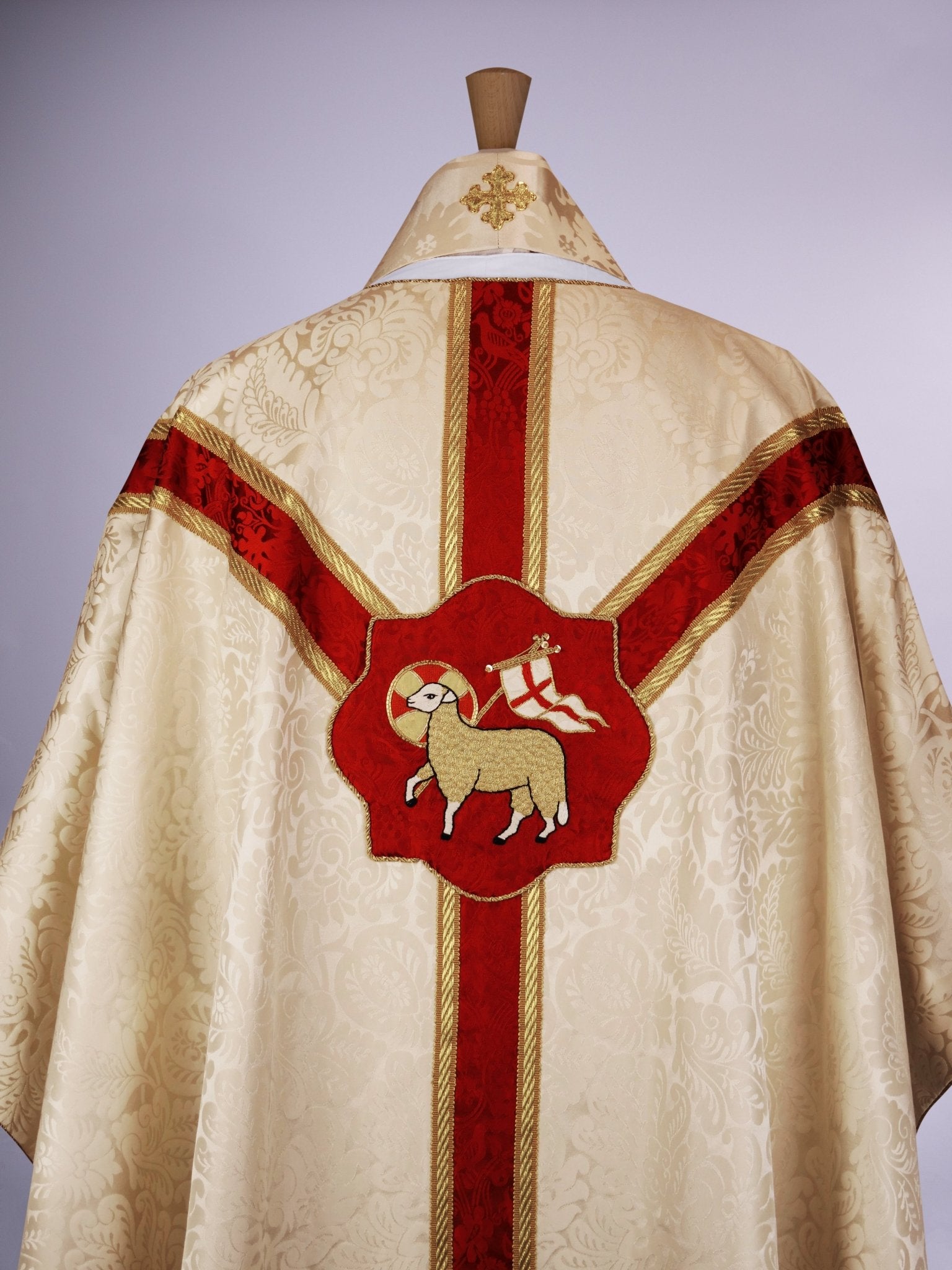 Embroidered Full Gothic Sarum Style Chasuble in Cream 'Holbein' with Sarum Red 'Hilliard' Orphreys - Watts & Co.