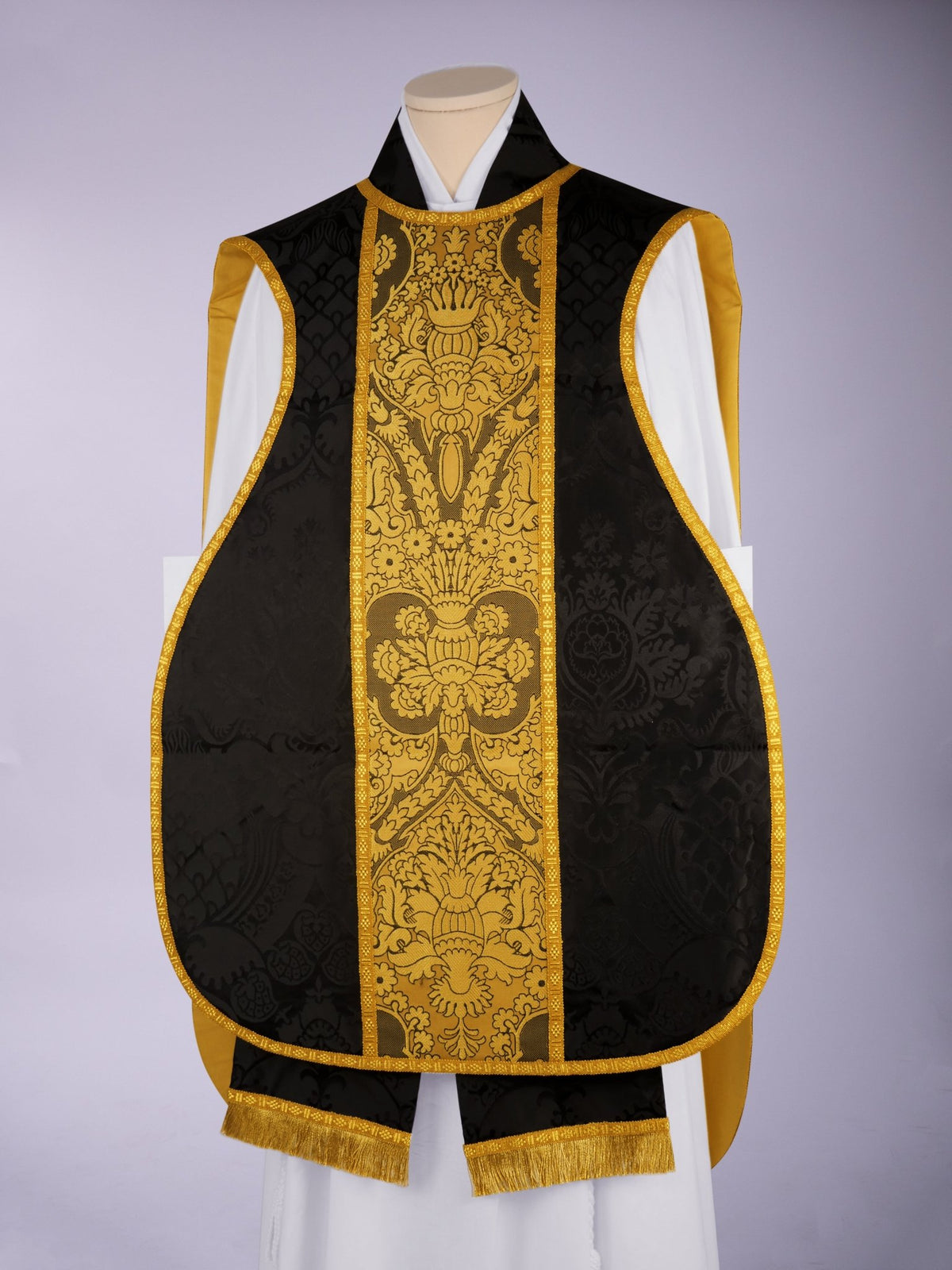 French Chasuble in Black 'Comper Cathedral' with 'Crevelli' Orphreys - Watts & Co.