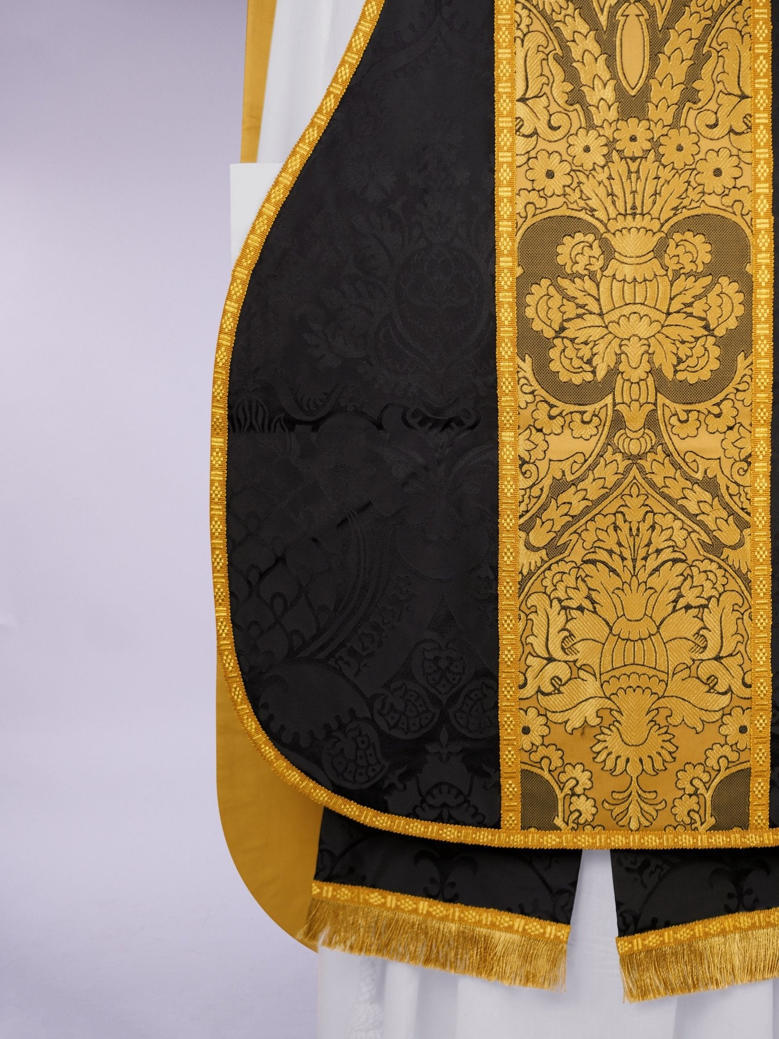 French Chasuble in Black 'Comper Cathedral' with 'Crevelli' Orphreys - Watts & Co.