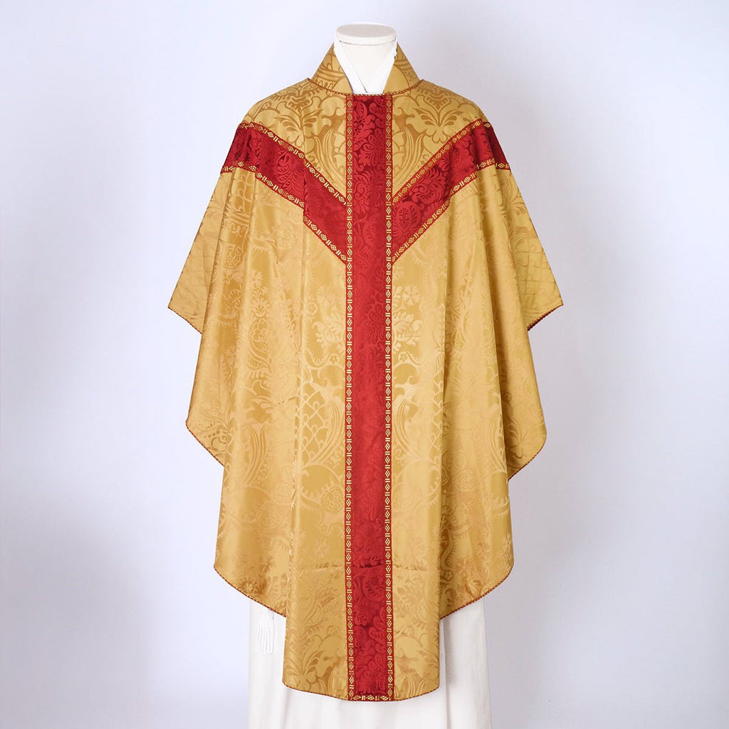 Full Gothic Chasuble in Gold 'Comper Cathedral' Silk with Sarum Red 'Holbein' Orphreys - Watts & Co.