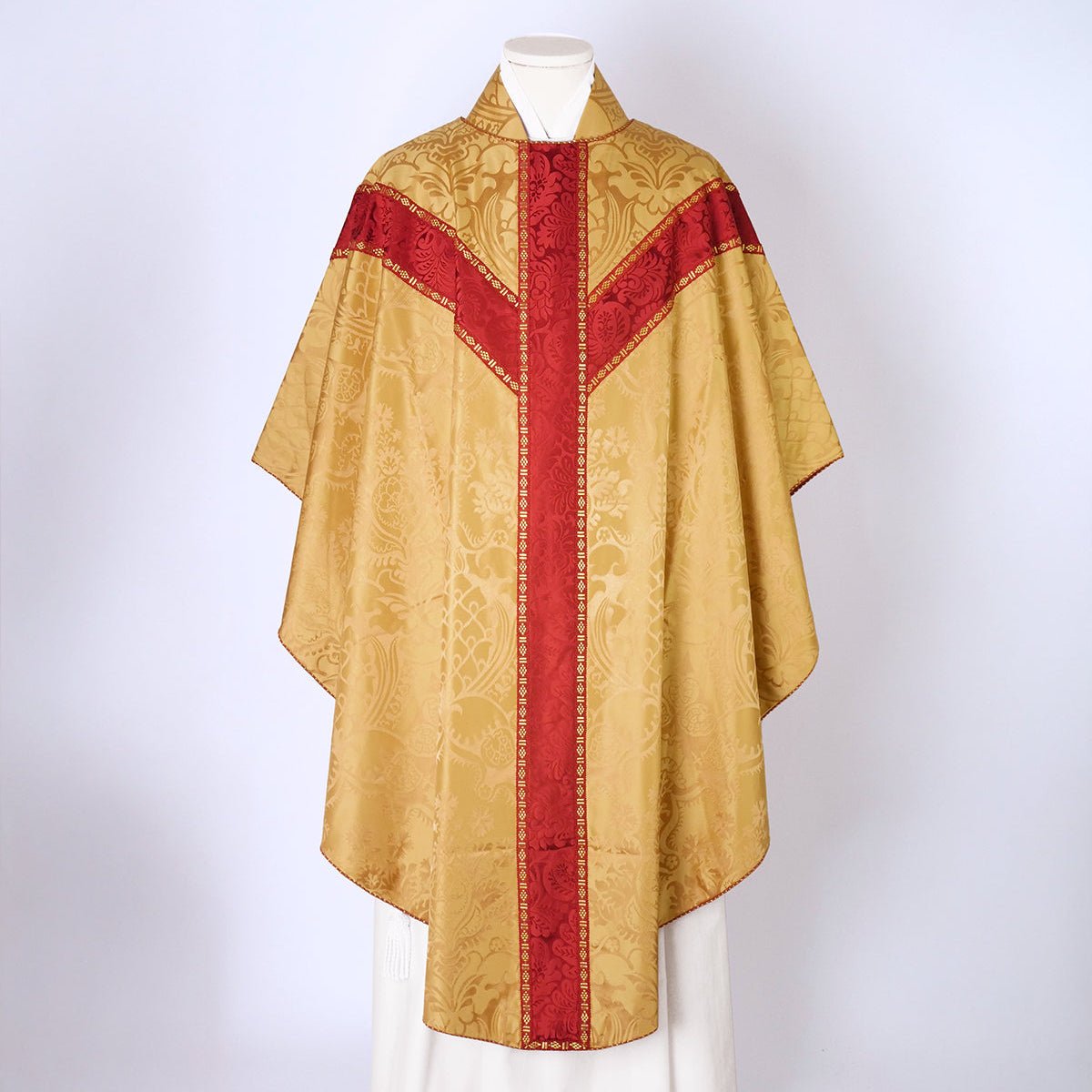 Full Gothic Chasuble in Gold 'Comper Cathedral' Silk with Sarum Red 'Holbein' Orphreys - Watts & Co.