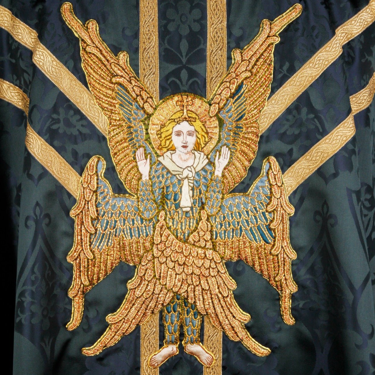 Full Gothic Chasuble in Sarum Indigo 'Gothic' with 'Chester' Braid Orphreys and Embroidery - Watts & Co.