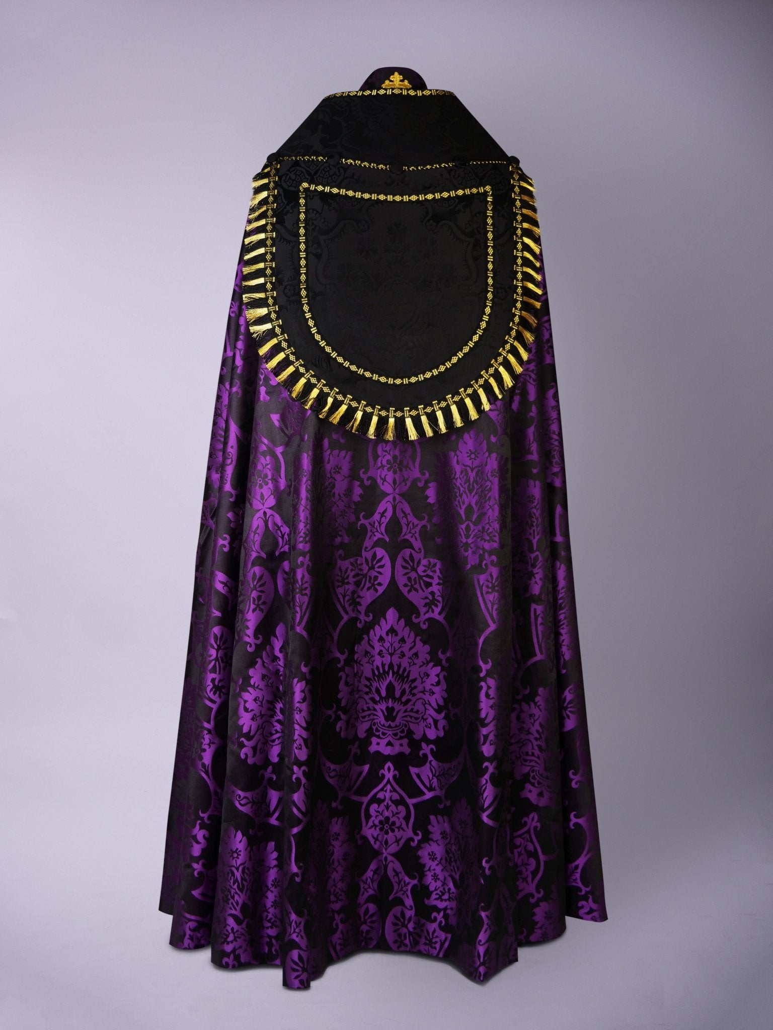 Minster Cope in Black & Royal Purple 'Gothic' with Black 'Comper Cathedral' Orphreys - Watts & Co.