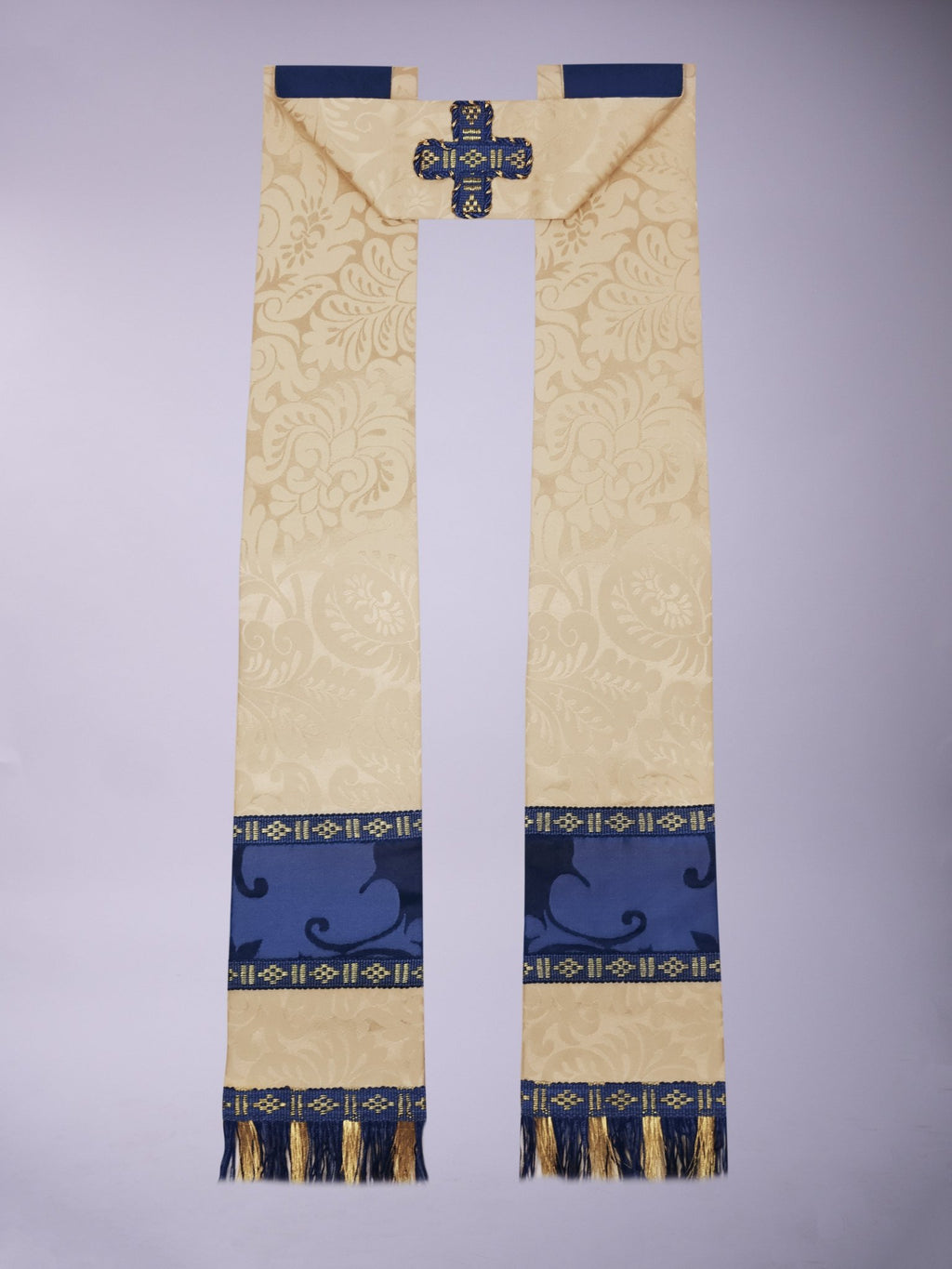 Minster Cope in Cream 'Holbein' with Blue 'Bellini' Orphreys and Sacred/Immaculate Heart Embroidered Hood - Watts & Co.
