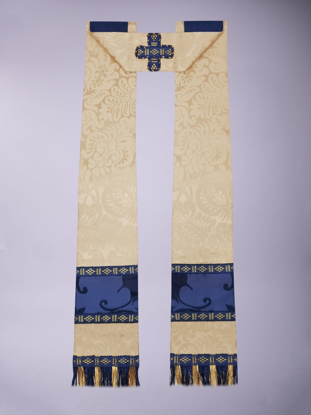 Minster Cope in Cream 'Holbein' with Blue 'Bellini' Orphreys and Sacred/Immaculate Heart Embroidered Hood - Watts & Co.