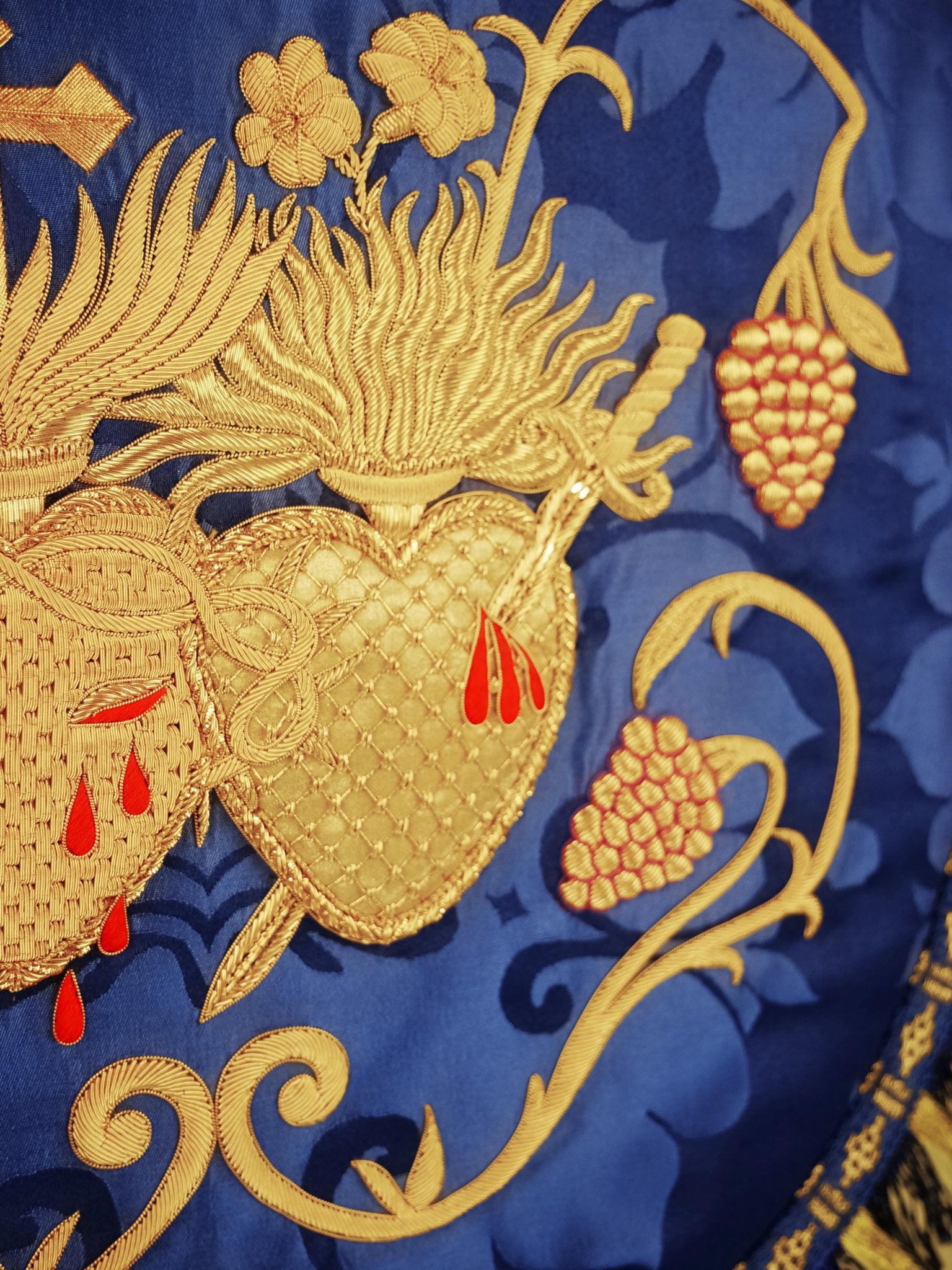 Minster Cope in Cream 'Holbein' with Blue 'Bellini' Orphreys and Sacred/Immaculate Heart Embroidered Hood - Watts & Co.