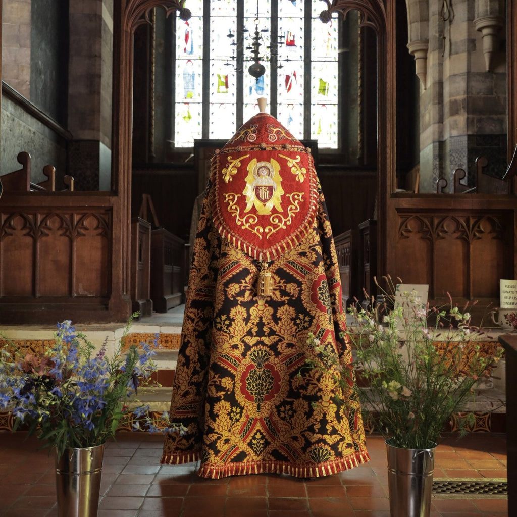 Minster Cope in 'Pine' with Sarum Red 'Holbein' orphreys and Hand - Embroidered Hood & Orphreys - Watts & Co.