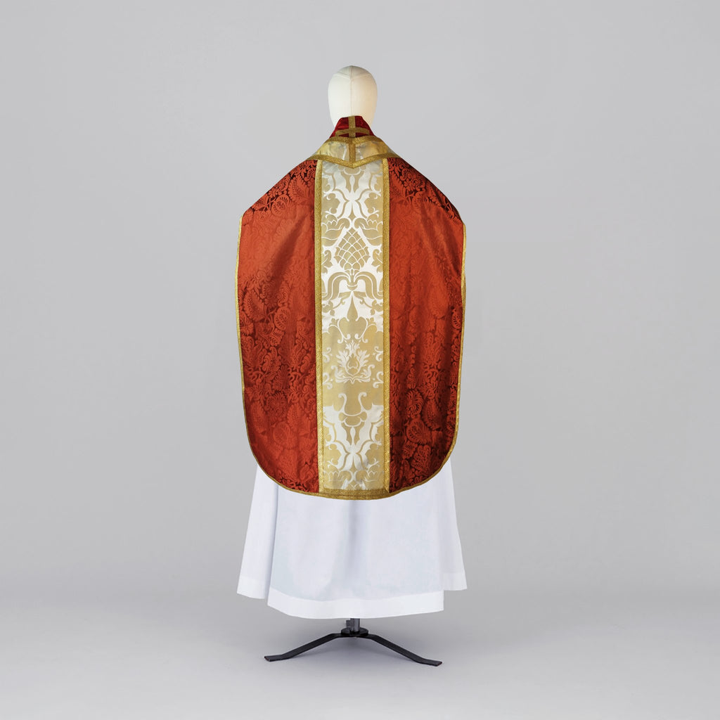 Roman Chasuble in Sarum Red 'Holbein' with Oyster/Old Gold 'Bellini' Orphreys - Watts & Co.