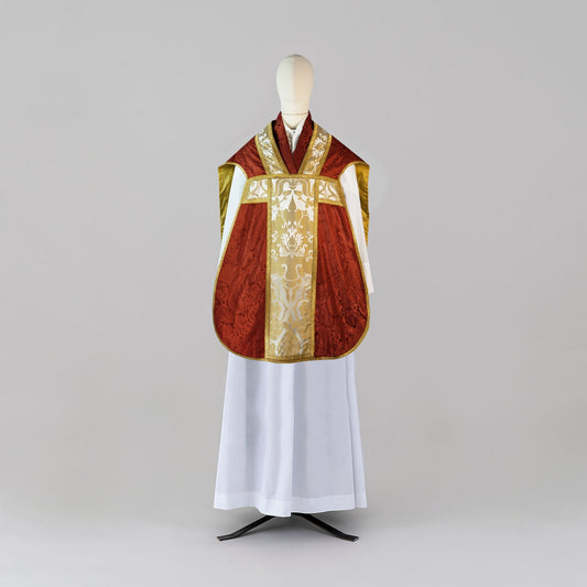 Roman Chasuble in Sarum Red 'Holbein' with Oyster/Old Gold 'Bellini' Orphreys - Watts & Co.