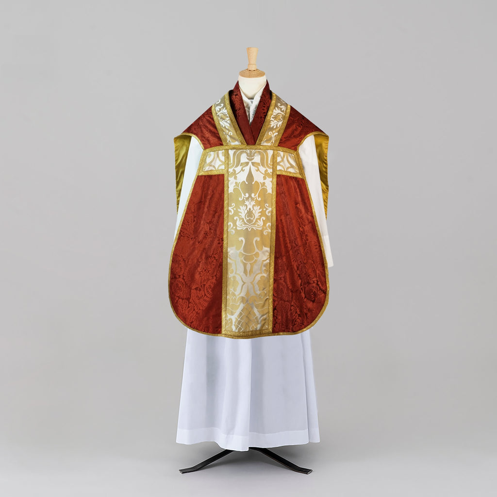 Roman Chasuble in Sarum Red 'Holbein' with Oyster/Old Gold 'Bellini' Orphreys - Watts & Co.